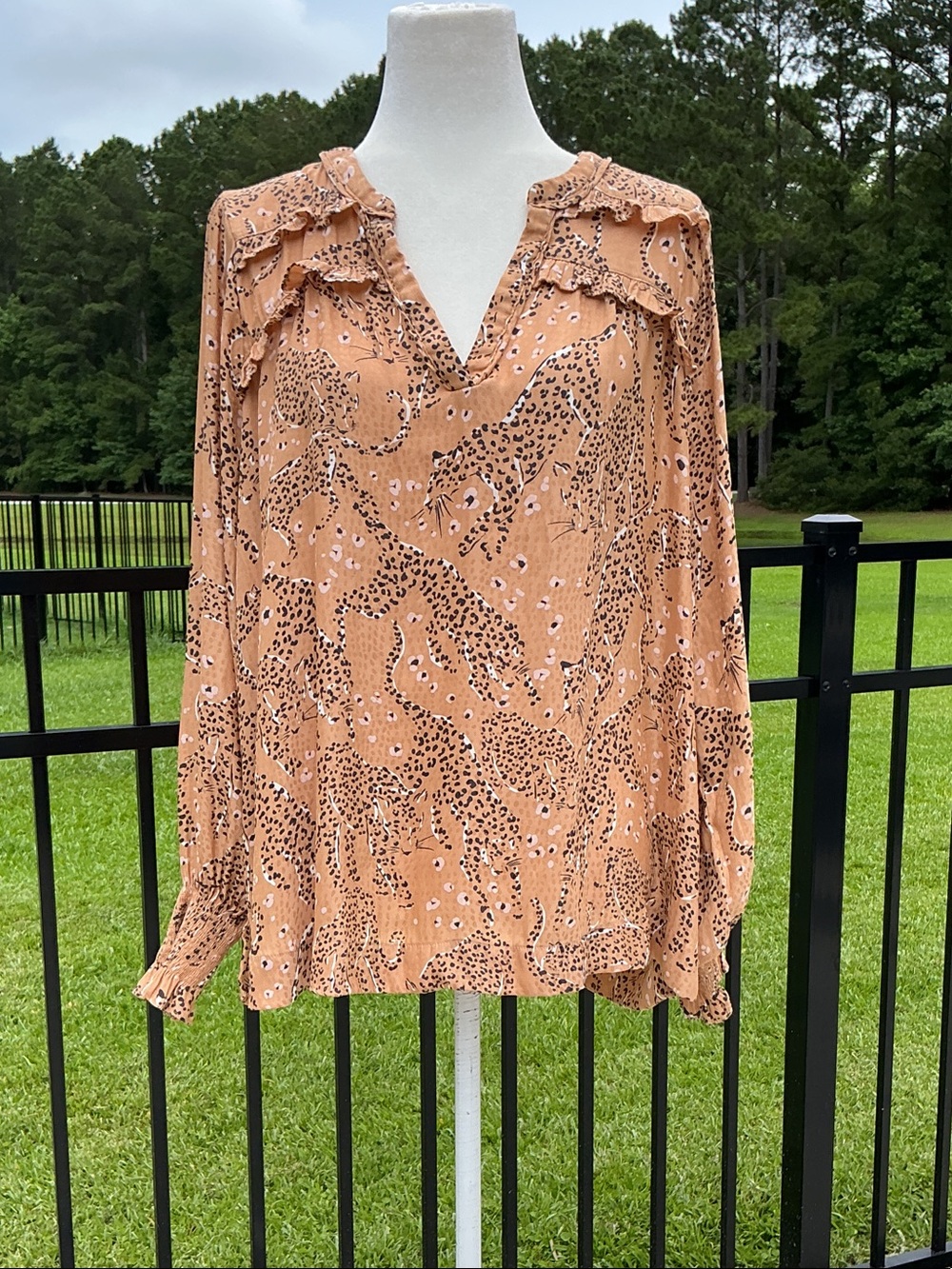 Democracy Peach Animal-Print Ruffle V-Neck Blouse
